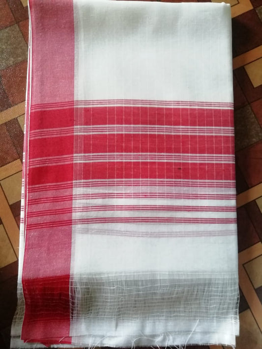 Traditional Assamese Chadar – White & Red Classic Handloom Style