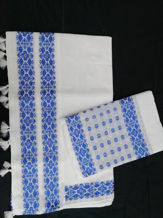 Assamese Mekhla Chador Set – White & Royal Blue Handwoven Pattern